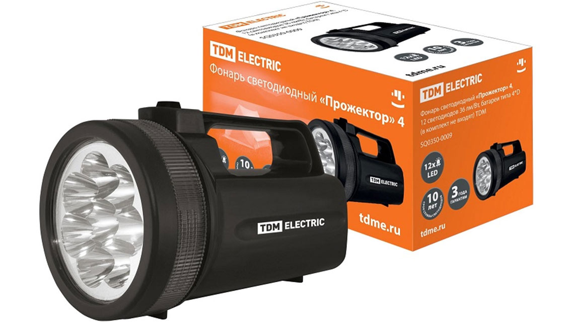 Фонарь Прожектор, светодиодный, 12 светодиодов 36 лм/Вт, бат. 4*D TDM