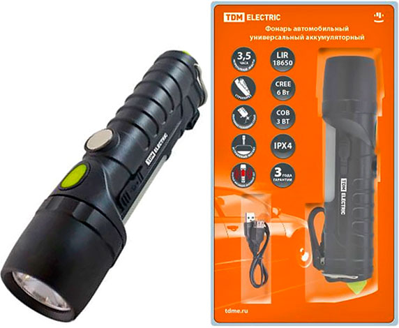 Фонарь автомобильный универсальный, 6 Вт, магнит, подвес, USB, стропорез, TDM