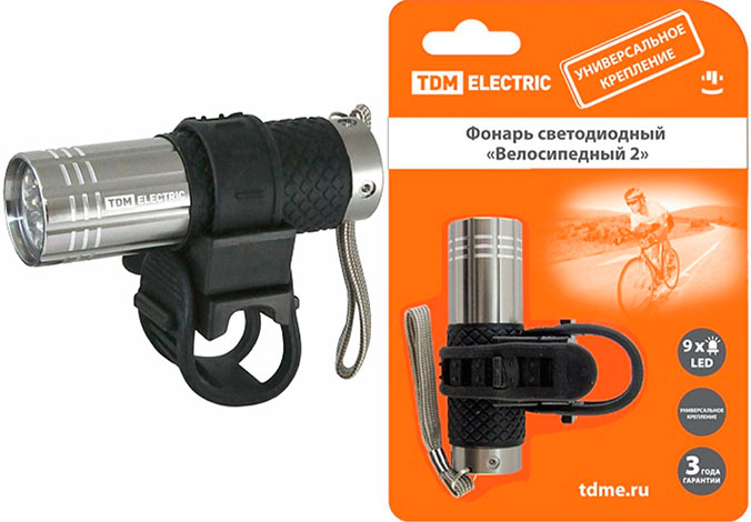 Фонарь Велосипедный 2 светодиодный с креплением, 9 LED, 30 лм/Вт, 3*AAA TDM