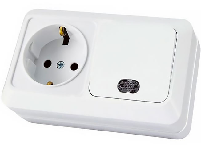 Блок комбинированный выкл. 1-кл. с/п 10А + розетка 2П+З 16А 250В БКВР IP20 белый Ладога TDM