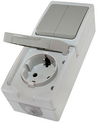 Блок комбинированный (вертикальный) выключатель 2-кл. + розетка 2П+З с з/ш БКВР IP54 Вуокса TDM