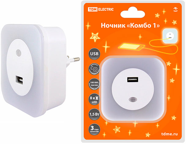 Ночник Комбо 1, 8LED, 66 лм/Вт, датчик освещенности, USB-разъем, 220 В, TDM