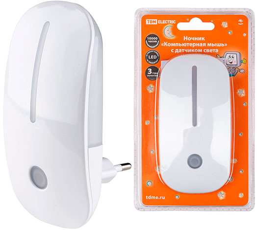 Ночник Компьютерная мышь с датчиком света, светодиодный, 0.5 Вт, 220 В TDM