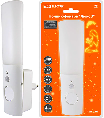 Ночник-фонарь ЛЮKC 3, 1 × 0.5 Вт + 2 LED, 70 лм/Вт, Li-Ion 250 мАч, датчик освещенности и движения, 220 В, TDM