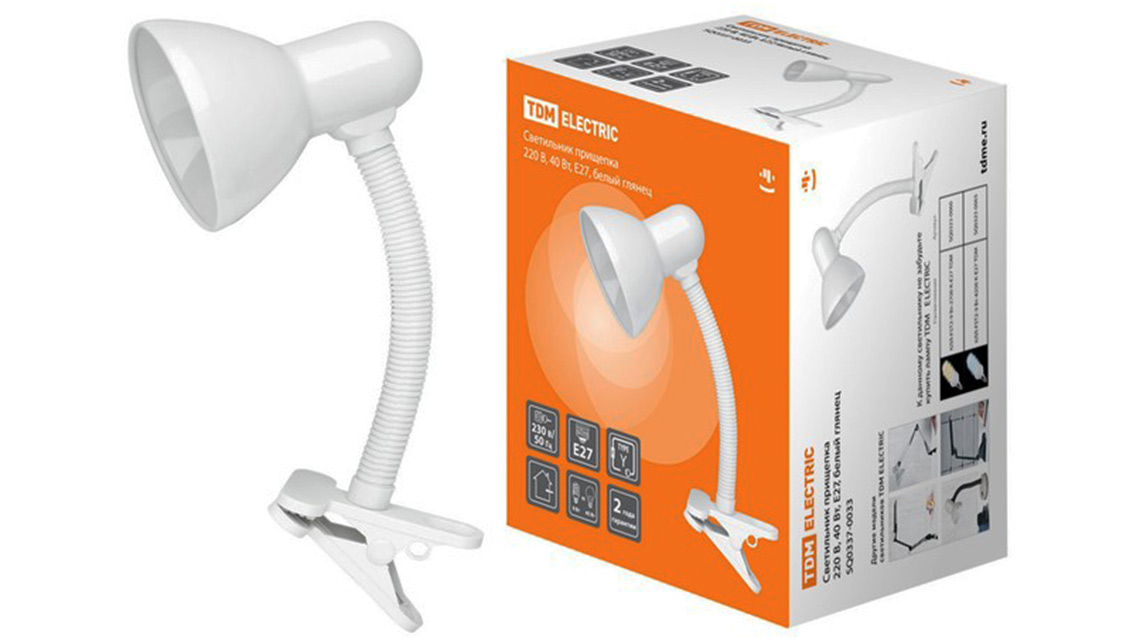 Светильник прищепка 220 В, 40 Вт, E27 белый глянец TDM