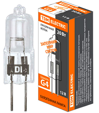 Лампа галогенная капсульная JC - 20 Вт - 12В - G4 прозрачная TDM