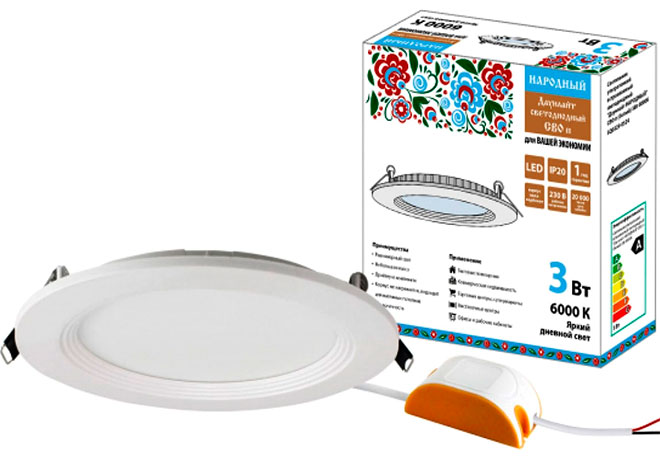 Светильник ультратонкий встраиваемый светодиодный Даунлайт НАРОДНЫЙ СВО п (белый) 3Вт 6000К TDM