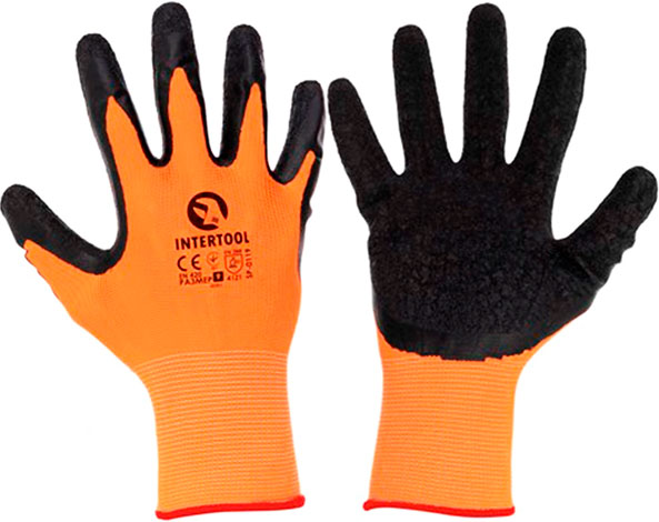 Перчатки оранжевые трикотажные, синтетические, покрытые черным рифленым латексом
