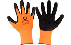 Перчатки  оранжевые  трикотажные, синтетические, покрытые черным рифленым латексом
