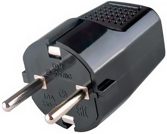 Вилка прямая с заземлением черная с перфорацией 10 А 250 В TDM