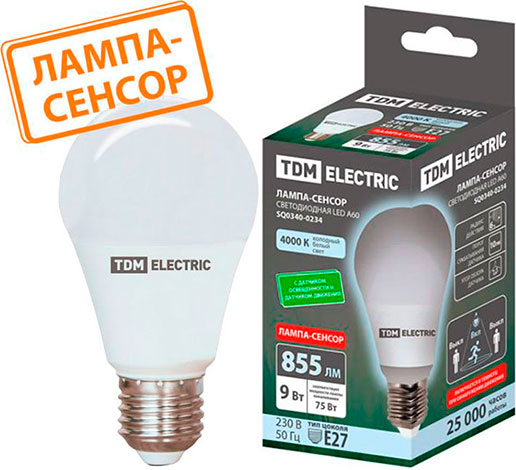 Лампа светодиодная СЕНСОР А60-9 Вт-230 В-4000 К-E27 TDM