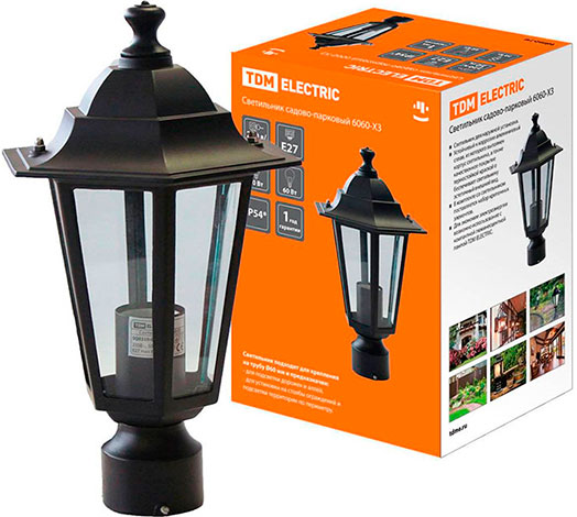 Светильник 6060-03 садово-парковый шестигранник, 60 Вт, на опору, черный TDM