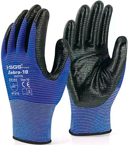Перчатки полиэстеровые с гладким нитриловым покрытием Zebra-10 синие SGS7120