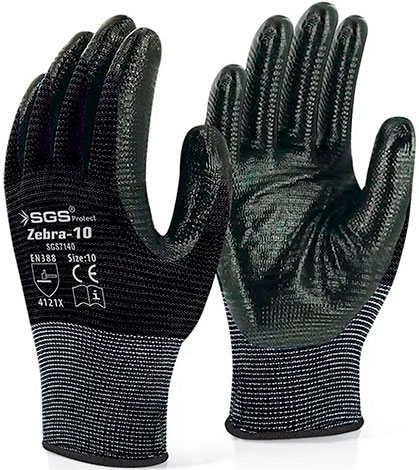Перчатки полиэстеровые с гладким нитриловым покрытием Zebra-10 черные SGS7140