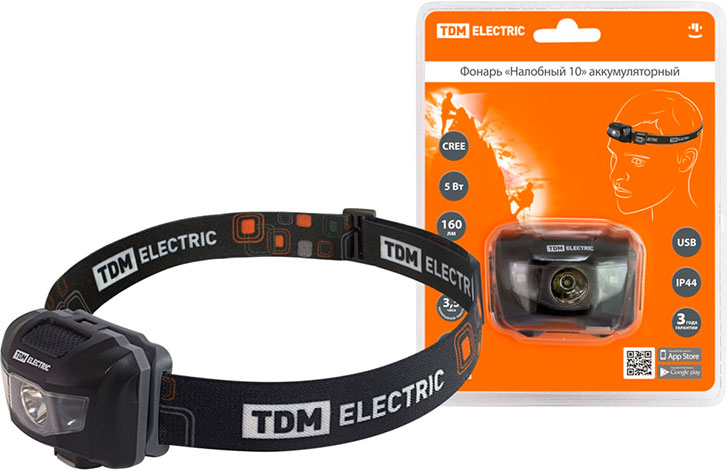 Фонарь «Налобный 10» аккумуляторный, 5 Вт 1 светодиод CREE, Li-Ion 3.7 В 0.6 Ач, USB, сенсор, TDM