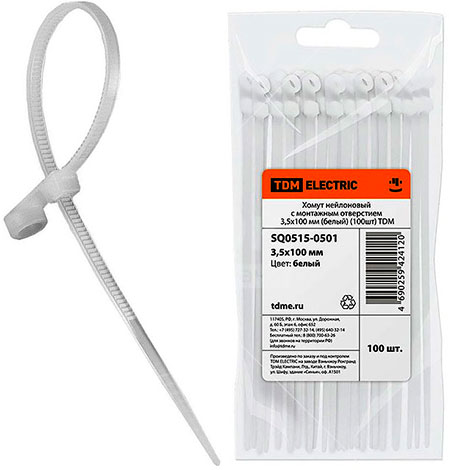 Хомут белый нейлоновый, упаковка 100 шт TDM