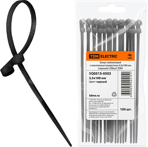 Стяжка с монтажным отверстием, черная, упаковка 100 шт TDM