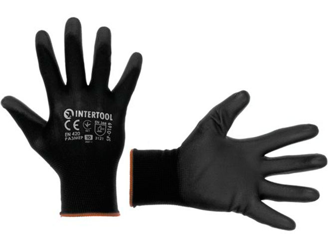 Перчатки трикотажные синтетические черного цвета с полиуретановым покрытием INTERTOOL