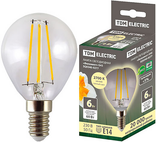 Лампа светодиодная шар Филамент, 6 Вт, 230 В, Е14 TDM