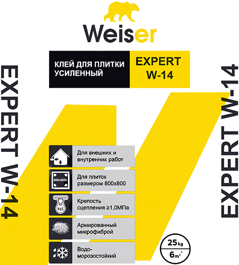 Клей для плитки усиленный фиброй для внутренних и наружных работ EXPERT W-14 25 кг Weiser