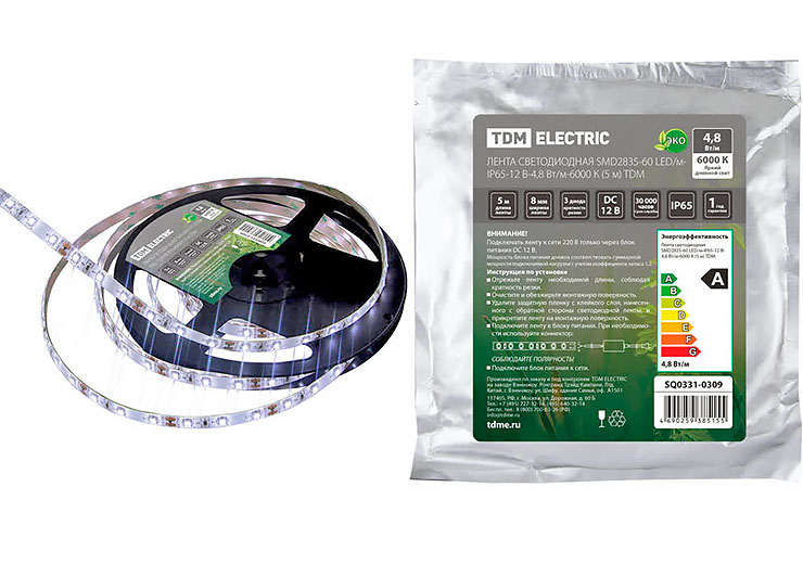 Лента светодиодная SMD2835-60 LED/м-IP65-12 В-4,8 Вт/м-6000 К (5 м) SQ0331-0309 TDM