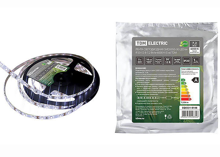 Лента светодиодная SMD5050-30-20-12-72-6000 30LED/м, IP20, 12В, 7.2Вт, 6000К, (У) SQ0331-0148 TDM