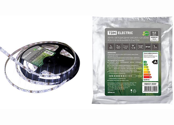 Лента светодиодная SMD2835-120 LED/м-IP20-12 В-9,6 Вт/м-6000 К (5 м) SQ0331-0307 TDM