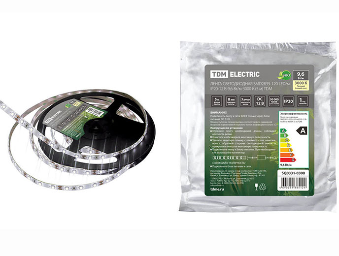Лента светодиодная SMD2835-120 LED/м-IP20-12 В-9,6 Вт/м-3000 К (5 м) SQ0331-0308 TDM