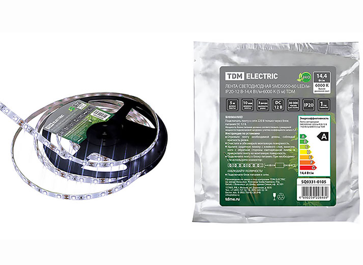 Лента светодиодная SMD5050-60-20-12-144-6000 60LED/м, IP20, 12В, 14,4Вт, (У) 6000К, SQ0331-0105 TDM