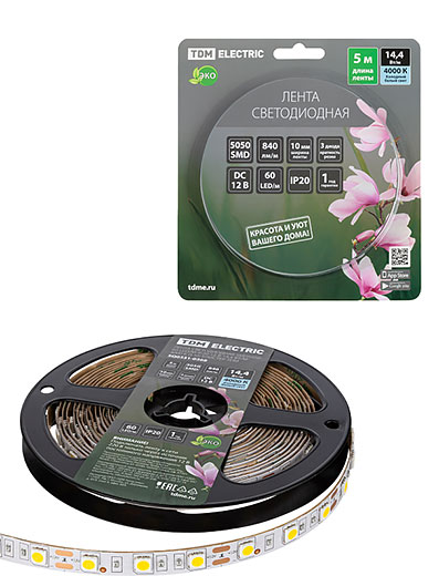 Лента светодиодная SMD5050-60 LED/м-IP20-12 В-14,4 Вт/м-4000 К (5 м) блистер SQ0331-0368 TDM