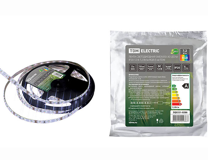Лента светодиодная SMD5050-30-20-12-72-RGB 30LED/м, IP20, 12В, 7.2Вт, RGB, (У) SQ0331-0286 TDM