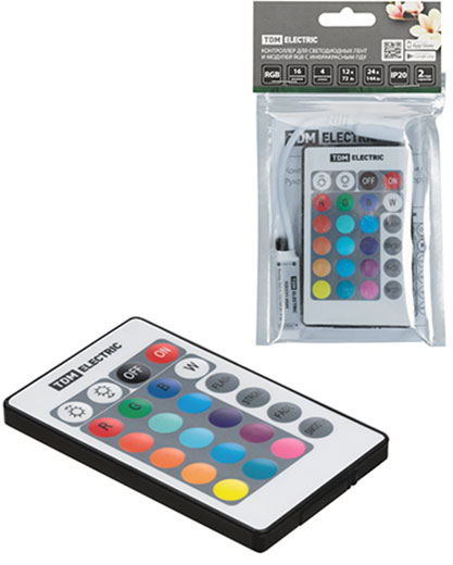 Контроллер для светодиодных лент и модулей RGB-IR-12В-6А-72Вт-IP20, 3 канала, пульт 24 кнопки, TDM
