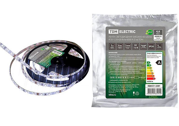 Лента светодиодная SMD2835-60 LED/м-IP20-12 В-4,8 Вт/м-6000 К (5 м) SQ0331-0301 TDM