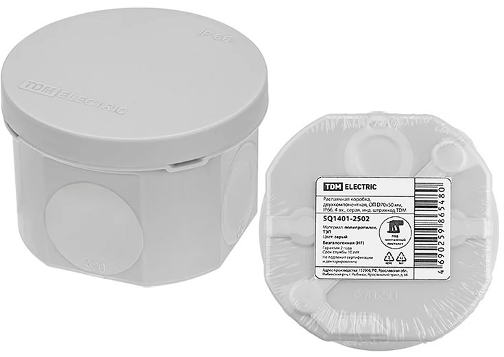 Распаячная коробка двухкомпонентная ОП 70х50мм крышка, IP66, 4вх. TDM