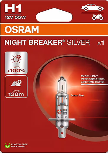 Лампа Night Breaker Silver +100% H1 12V 55W P14.5s блистер OSRAM