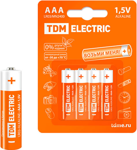 Элемент питания LR03 AAA Alkaline 1,5V BP-4 TDM